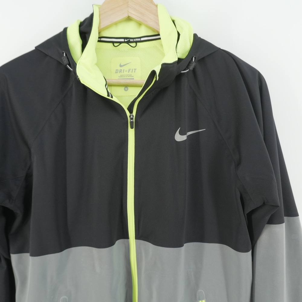 Nike Running Jacket Mens Small Black Grey Dri-FIT Hooded Windbreaker Full Zip